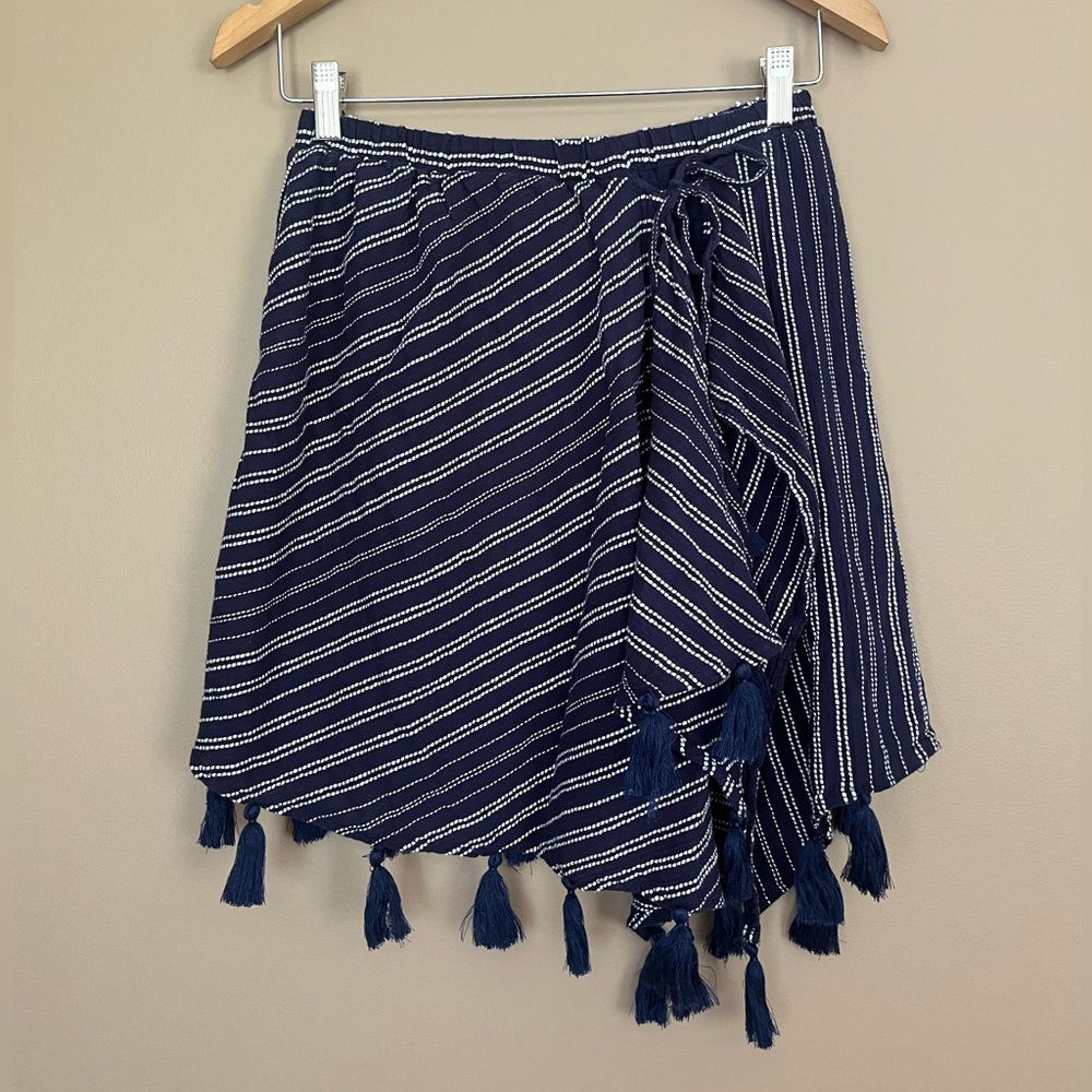 {Aerie} Striped Tassel Wrap Pull-On Mini Skirt in Navy & White - Womens Small